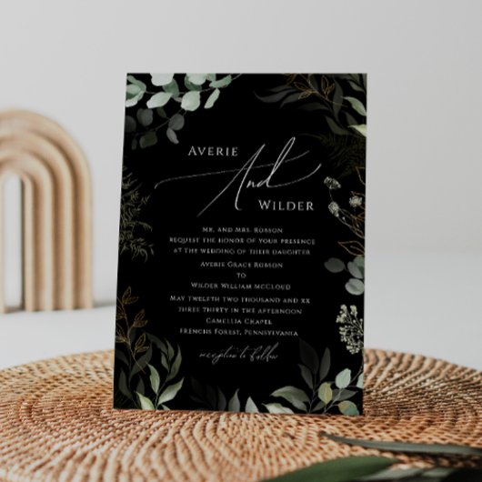 Whimsical Greenery Black Gold Traditional Wedding Kaart