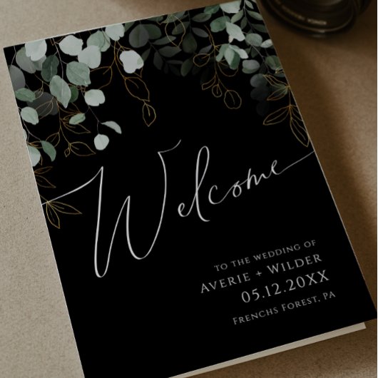 Whimsical Greenery en Gold | Black Folded Wedding Programma