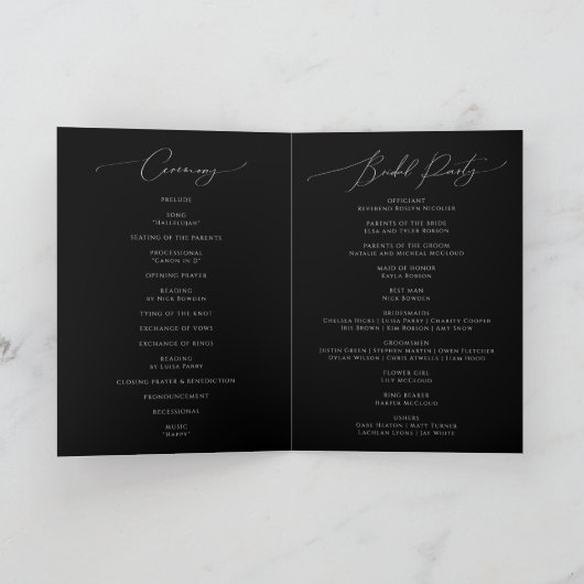 Whimsical Greenery en Gold | Black Folded Wedding Programma (Binnen)