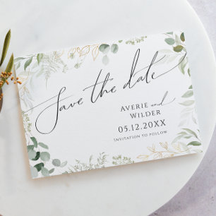 Whimsical Greenery en Gold Horizontal Save The Date