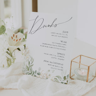 Whimsical Greenery en Gold   Menu Drinken bruiloft Reclamebord Met Voetstuk
