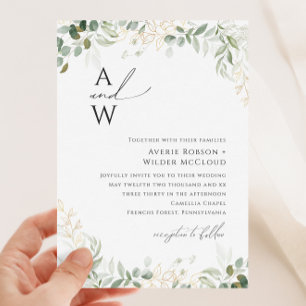 Whimsical Greenery en Gold Monogram Wedding Kaart