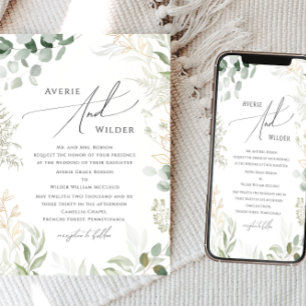 Whimsical Greenery en Gold Traditional Wedding Kaart
