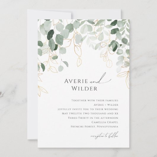 Whimsical Greenery en Gold Wedding Invitation Kaart (Voorkant)