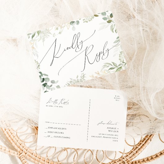 Whimsical Greenery en Gold Wedding RSVP Briefkaart