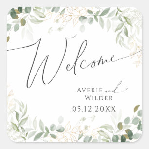 Whimsical Greenery en Gold   Welkom bruiloft Vierkante Sticker