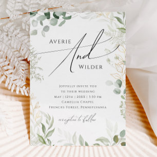 Whimsical Greenery en Gold Wreath Casual Wedding Kaart