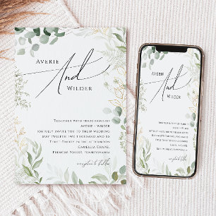 Whimsical Greenery en Gold Wreath Wedding Kaart