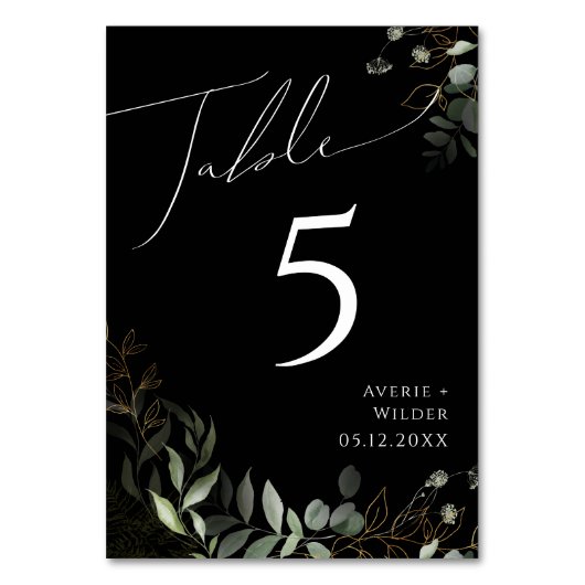 Whimsical Greenery en Gold | Zwart tabelnummer Kaart (Achterkant)
