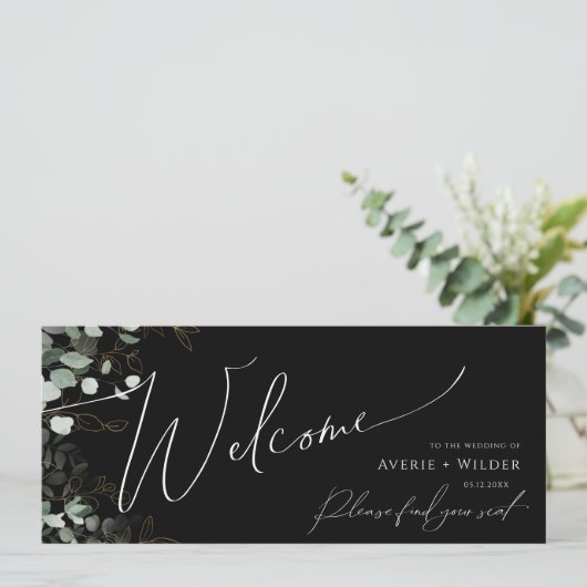 Whimsical Greenery Gold Black Seating Chart Header (Staand voorkant)