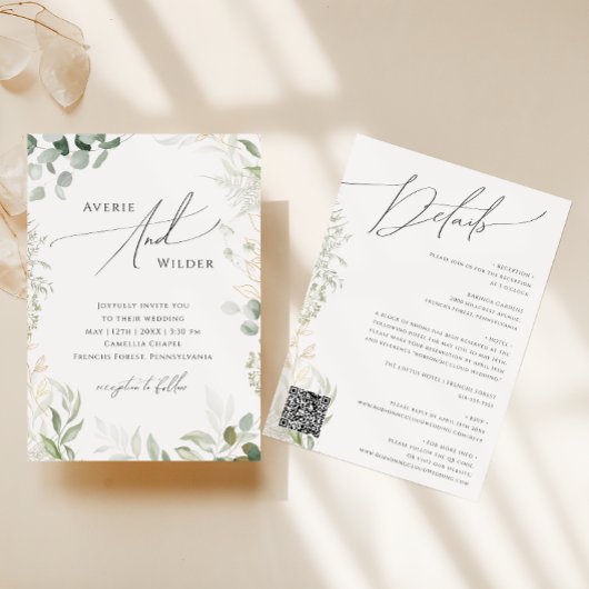 Whimsical Greenery Gold QR Code All in One Wedding Kaart