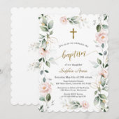 Whimsical Greenery Pink Floral Gold Cross Baptisme Kaart (Voorkant / Achterkant)