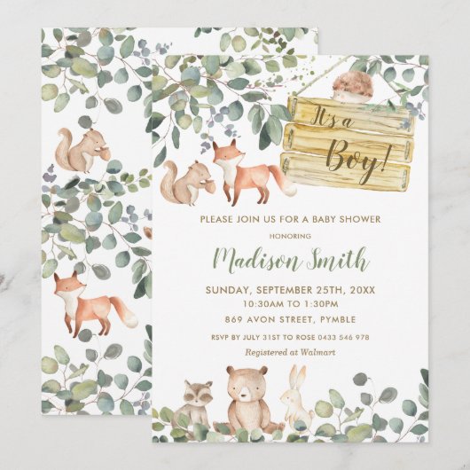 Whimsical Greenery Woodland Animals Baby shower Kaart (Voorkant / Achterkant)