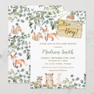Whimsical Greenery Woodland Animals Baby shower Kaart