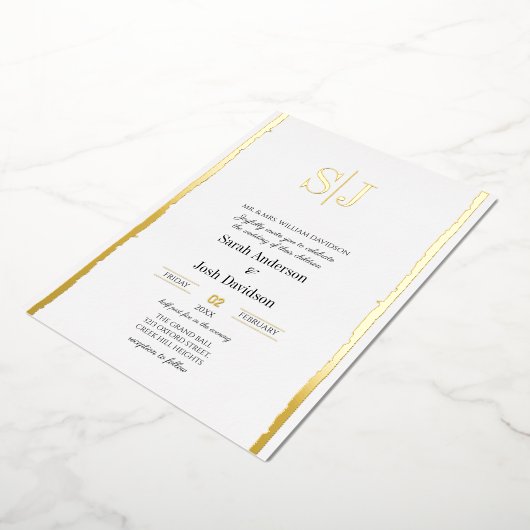 Whimsical Grens Eenvoudig Wit Monogram Bruiloft Folie Uitnodiging (Gedraaid)