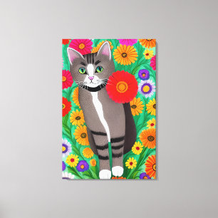 Whimsical Grijs en Witte Katten en Rode Bloem Canvas Afdruk