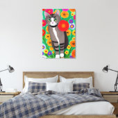 Whimsical Grijs en Witte Katten en Rode Bloem Canvas Afdruk (Insitu (Slaapkamer))