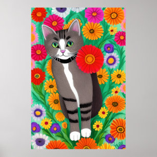 Whimsical Grijs en Witte Katten en Rode Bloem Poster