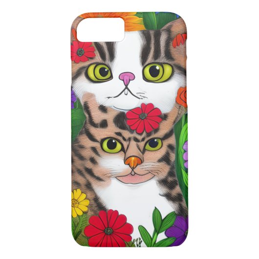 Whimsical grijze en witte katten | Kleurrijke bloe Case-Mate iPhone Case (Achterkant)