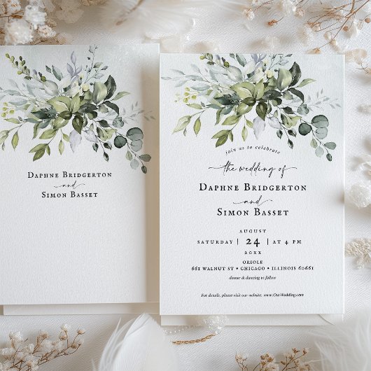 Whimsical groen script bruiloft uitnodiging
