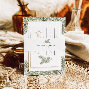 Whimsical Groene en Gouden Pine Cone Bruiloft Uitnodigingen Wikkel