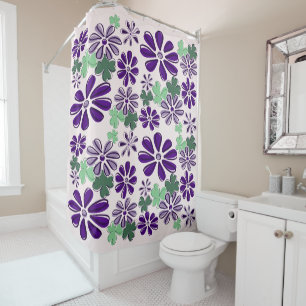Whimsical Groene en Paarse Klaver & Flower Doodle Douchegordijn