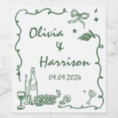 Whimsical Groene Hand Getrokken Bruiloft Wijn Etiket (Enkel label)