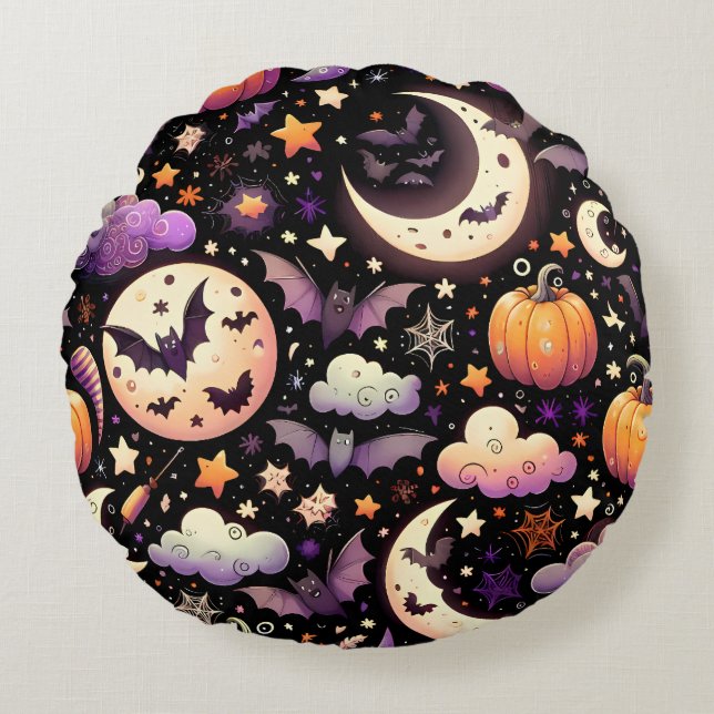 Whimsical Halloween Night Sky Pattern Rond Kussen (Voorkant)
