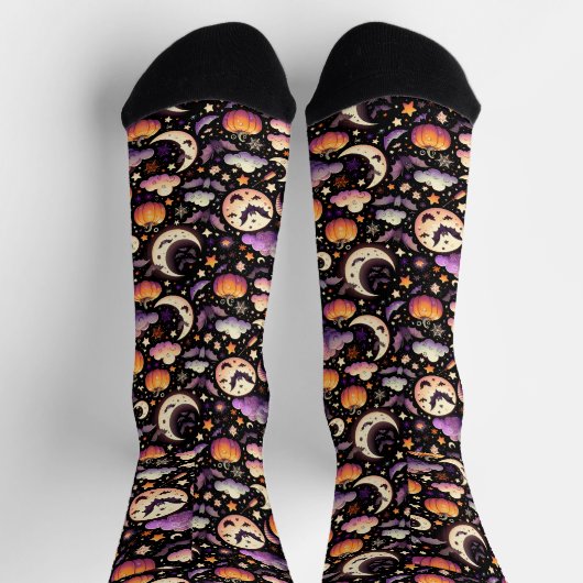 Whimsical Halloween Night Sky Pattern Sokken (Top)