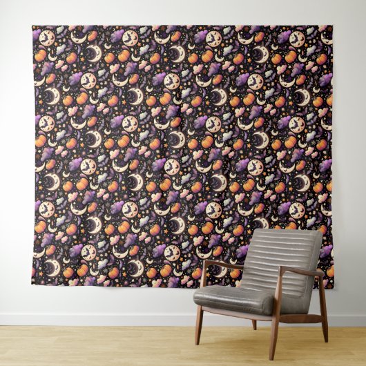 Whimsical Halloween Night Sky Pattern Wandkleed (In Situ (horizontaal))