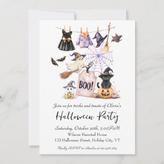 Whimsical Halloween Party Invitation Schattige Cat Kaart (Voorkant)