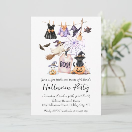Whimsical Halloween Party Invitation Schattige Cat Kaart (Staand voorkant)