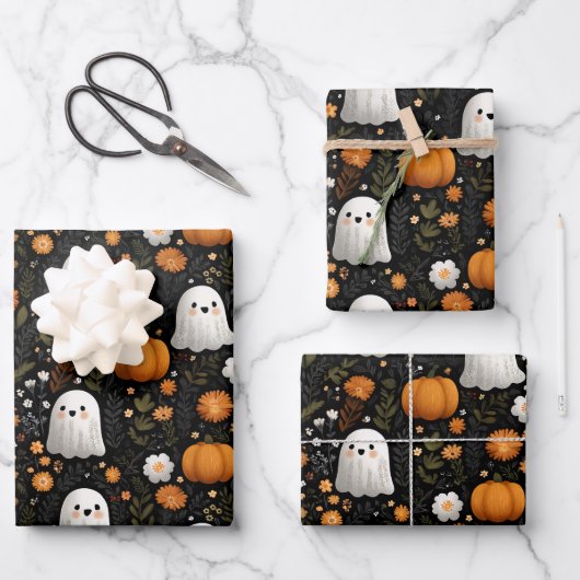 Whimsical Halloween Schattigee Ghosts & Pumpkins O Inpakpapier Vel (Voorkant)