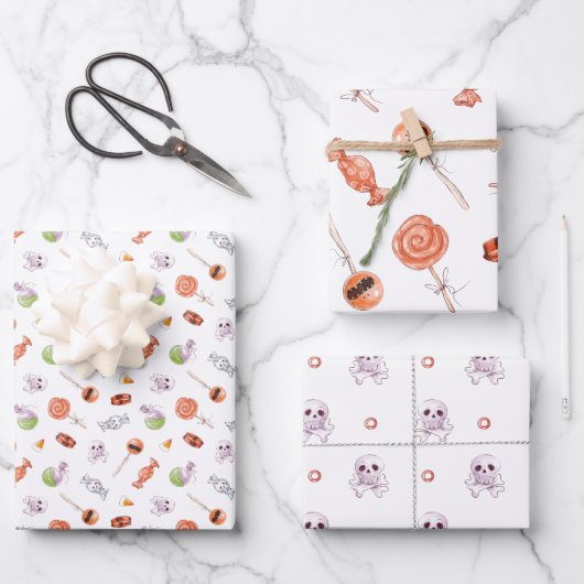 Whimsical Halloween Snoep and Skulls Pattern Inpakpapier Vel (Voorkant)