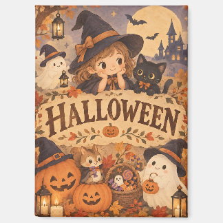 Whimsical Halloween Witch & Friends Magnet Magneet