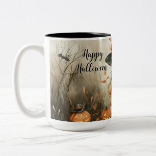 Whimsical Halloween Witch & Pumpkin gepersonalisee Tweekleurige Koffiemok