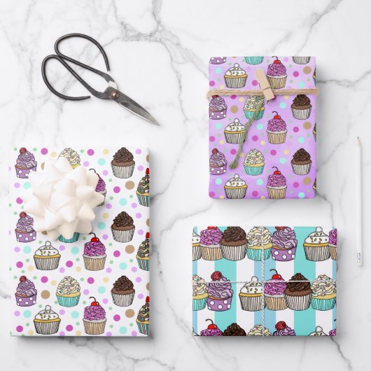 Whimsical Hand Drawn Birthday Cupcakes Inpakpapier Vel (Voorkant)