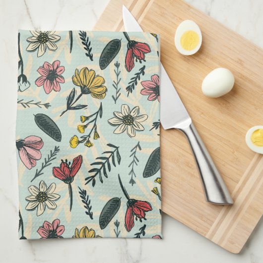 Whimsical Hand-Drawn Bloemen Keuken Handdoek (Quarter Fold)