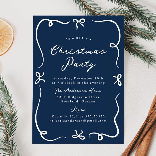 Whimsical Hand-Drawn Bows Navy Christmas Party Kaart