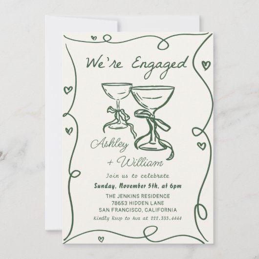Whimsical Hand Drawn Champagne Engagement Party Kaart (Voorkant)