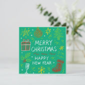 Whimsical Hand-Drawn Christmas Kaart op Groen (Staand voorkant)