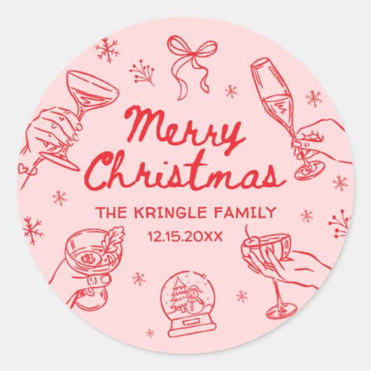 Whimsical Hand Drawn Christmas Party Ronde Sticker (Voorkant)