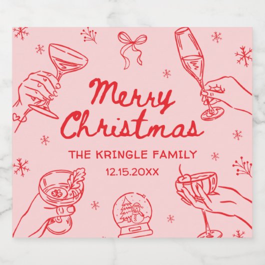 Whimsical Hand Drawn Christmas Party Sparkling Wijnetiket (Enkel label)