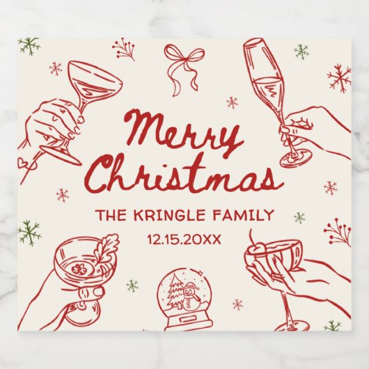 Whimsical Hand Drawn Christmas Party Sparkling Wijnetiket (Enkel label)