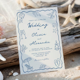 Whimsical Hand Drawn Coastal Beach Wedding Kaart