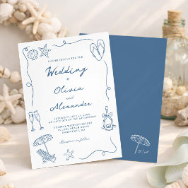 Whimsical Hand Drawn Coastal Blue Beach Wedding Kaart
