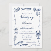 Whimsical Hand Drawn Coastal Navy Blue Wedding Kaart (Voorkant)