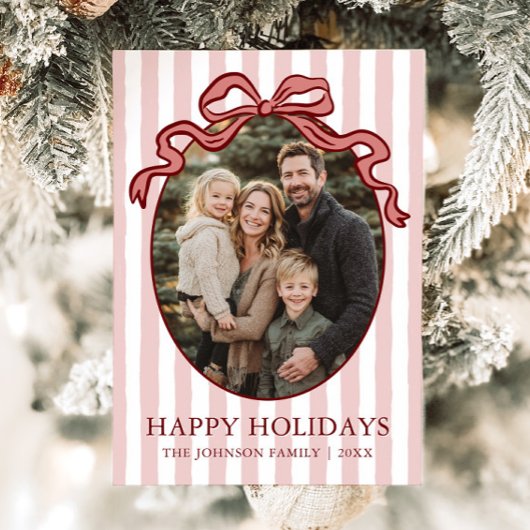 Whimsical Hand Drawn Coquette Red Bow Family Photo Feestdagenkaart