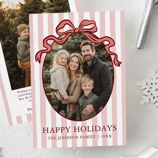 Whimsical Hand Drawn Coquette Red Bow Family Photo Feestdagenkaart