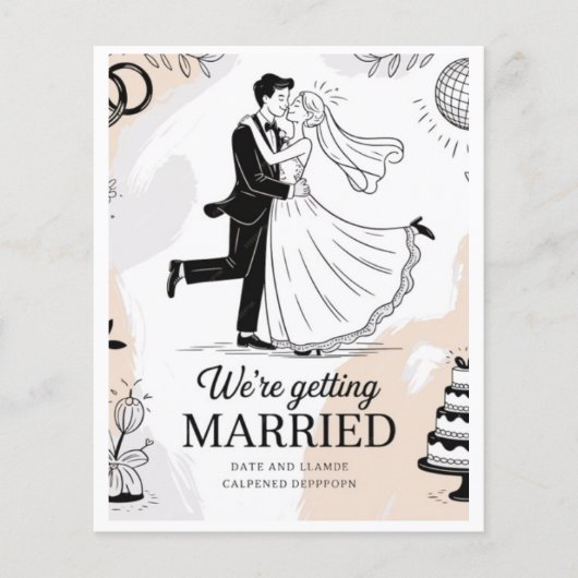 Whimsical Hand-Drawn Dancing Couple Disco Wedding  Flyer (Voorkant)